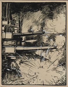 Bomba explotando sobre un acorazado con cañones apuntados, 1914 de Auguste Louis Lepère