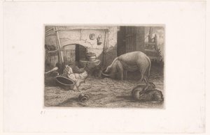 Cerdo, gallinas y conejos en un granero de Auguste Numans (attributed to)