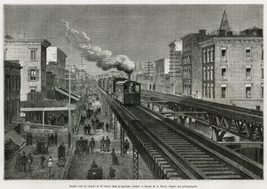 Doble vía del Ferrocarril Aéreo en la Séptima Avenida, Nueva York, Nueva York. Edouard de Laveleye, en 1878-1879, publicado en el Tour du monde, bajo la dirección de Edouard Charton (1807-1890)