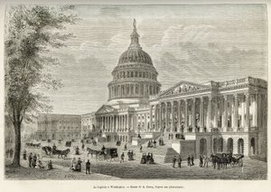 El Capitolio, sede de la legislatura, construido entre 1793 y 1830, en Washington (Distrito de Columbia), la capital de los Estados Unidos. Grabado después del dibujo de A.Deroy, para ilustrar la historia La conquista blanca, por William Hepworth Dixon, en de Auguste Victor Deroy