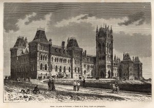 El Palacio del Parlamento en Ottawa, construido entre 1859 y 1876, grabado después de un dibujo de A.Deroy, ilustrando la excursión a Canadá y el Río Rojo del Norte, por H. De Lamotte en 1873, publicado en “Le tour du monde” 1875, editado por Edouard Chart de Auguste Victor Deroy