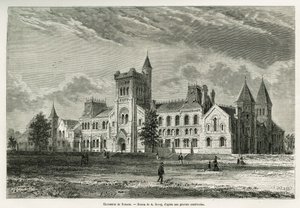 La Universidad de Toronto, dibujo de A. Deroy, para ilustrar la historia de una excursión a Canadá y el Río Rojo del Norte en 1873 por H. de Lamotte. Grabado en Le tour du monde de Auguste Victor Deroy