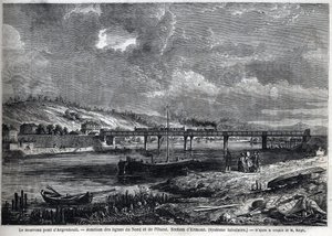 El nuevo puente en Argenteuil. Unión de las líneas Norte y Oeste. Sección de Ermont (sistema tubular). Grabado según boceto de Ralph en “Le Monde illustré”, 29/08/1863. de Auguste Victor Deroy