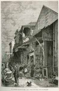 La calle del Mercado en San Francisco, que revela la presencia de una importante comunidad china, un indicio de un futuro barrio chino. Grabado según el dibujo de A. Deroy, para ilustrar la historia La conquista blanca, por William Hepworth Dixon, en 1875, de Auguste Victor Deroy