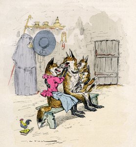 Ilustración de A. Vimar para la novela de Renart, edición Henri Laurens siglo XIX - Goupil y Hermeline el zorro, su esposa, en casa, con sus hijos los pequeños zorros - de Auguste Vimar