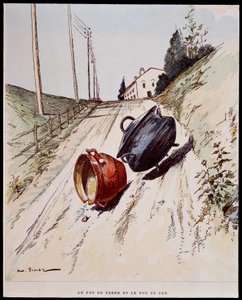 La olla de barro y la olla de hierro - en "Las Fábulas de La Fontaine", ilustrado por Auguste Vimar (1851-1916), Tours, en A, Mame & Fils