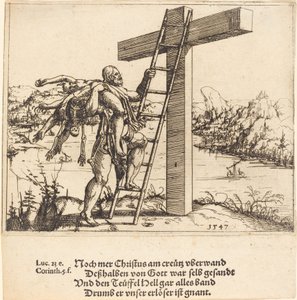 Cristo ascendiendo a la cruz con el pecado, la muerte y el diablo