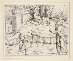 Elijah burlado por las niñas de Augustin Hirschvogel