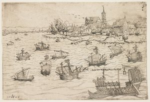 Jonás y la ballena en un lago con embarcaciones de vela, 1546 de Augustin Hirschvogel