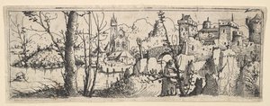 Paisaje con fuerte y una iglesia en un río de Augustin Hirschvogel
