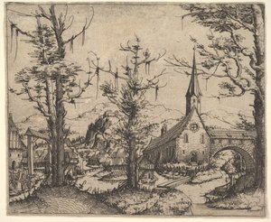Paisaje con cuatro árboles y una iglesia a la derecha de Augustin Hirschvogel