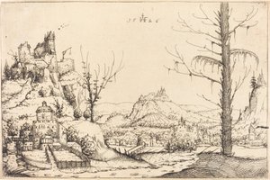 Paisaje con altos acantilados, río y ciudad de Augustin Hirschvogel