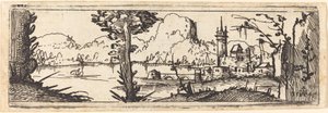 Paisaje con lago y pueblo de Augustin Hirschvogel