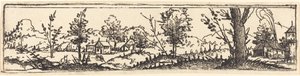 Paisaje con seis árboles solitarios y tres pequeñas casas de campo de Augustin Hirschvogel