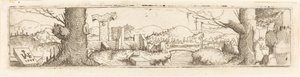 Paisaje con un arroyo y ruinas de Augustin Hirschvogel