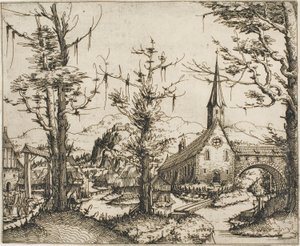 Paisaje con iglesia y puente cubierto