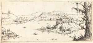 Paisaje con un gran lago en el centro de Augustin Hirschvogel