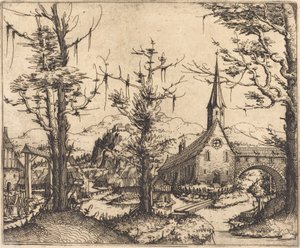 Paisaje con una iglesia del pueblo de Augustin Hirschvogel