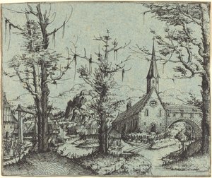 Paisaje con una Iglesia del Pueblo de Augustin Hirschvogel