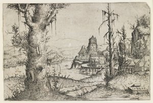 Árbol Grande y Castillo en un Lago de Augustin Hirschvogel