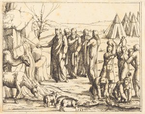 Moisés golpeando la roca de Augustin Hirschvogel