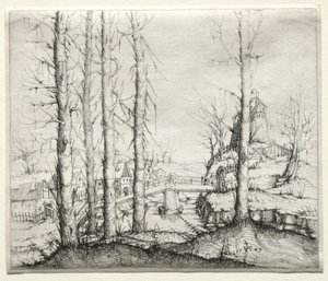 Paisaje fluvial con cinco abetos desnudos en primer plano, 1549