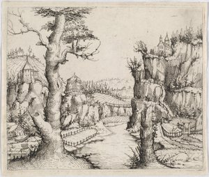 Paisaje fluvial con altos acantilados de Augustin Hirschvogel