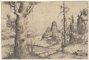 Paisaje fluvial con gran árbol a la izquierda de Augustin Hirschvogel