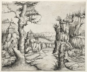 Paisaje fluvial con rocas a la izquierda y derecha de Augustin Hirschvogel