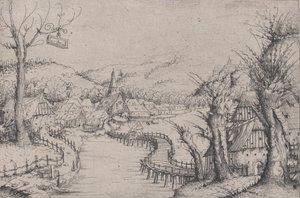 Paisaje fluvial con tres sauces desnudos a la derecha y un largo puente de madera serpenteante, 1546