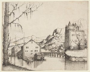 Paisaje Fluvial con Dos Edificios Conectados por un Puente de Augustin Hirschvogel