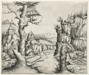 Paisaje fluvial con rocas a la izquierda y a la derecha, 1546 de Augustin Hirschvogel