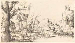 Paisaje fluvial con la tentación de Cristo de Augustin Hirschvogel