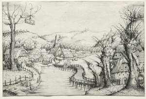 Paisaje fluvial con tres sauces desnudos a la derecha y un largo puente de madera serpenteante..., 1546