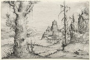Paisaje fluvial con gran árbol a la izquierda de Augustin Hirschvogel