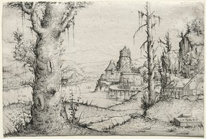 Paisaje fluvial con gran árbol a la izquierda de Augustin Hirschvogel