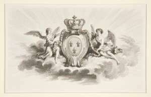 Escudo real con flores de lis flanqueado por ángeles, reproducción del siglo XIX. de Augustin de Saint Aubin