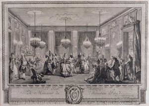 El baile de gala en la casa de Monsieur de Villemorien Fila, grabado por L. Provost de Augustin de Saint Aubin
