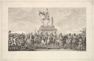 La inauguración de la estatua de Luis XV, viñeta en la página 1, de Description des Trava..., 1766 de Augustin de Saint Aubin