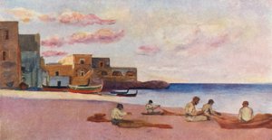 Atardecer en la playa de la Marina de Ischia (litografía en color) de Augustine Fitzgerald