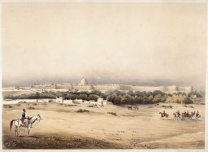 Sir Charles Napier en primer plano seguido por su escolta de caballos Scinde, Hyderabad, c.1850 (litografia en color)