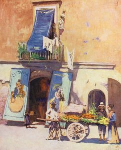 Escena callejera, La Marina, Nápoles (litografía en color)