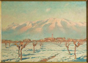 Paisaje cubierto de nieve (óleo sobre masonita)