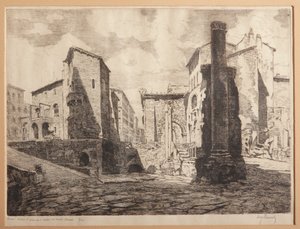 Roma, Pórtico de Octaviae, y las Ruinas del Teatro de Marcelo (grabado sobre papel)