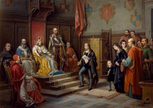 Federico III, presionado para marchar contra los turcos por el poeta triestino Raffaele Zovenzoni, pintura de Augusto Tominz (1818-1883) de Augusto Tominz