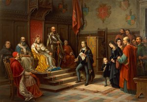 Federico III, presionado para marchar contra los turcos por el poeta triestino Raffaele Zovenzoni, por Augusto Tominz (1818-1883) de Augusto Tominz