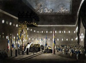 Restos de Lord Viscount Nelson en Estado en la Cámara Pintada en el Hospital de Greenwich, grabado por J. Merigot, pub. 1806 de Augustus Charles (after) Pugin
