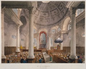 Interior de la Iglesia de San Esteban Walbrook durante un servicio, Ciudad de Londres, 1809