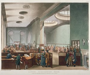 Vista interior de la sala de suscripción de Lloyds en el Royal Exchange, Ciudad de Londres, 1809