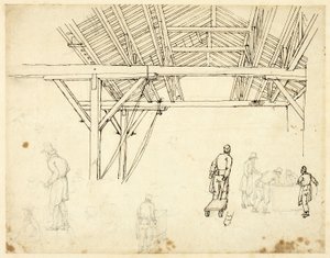 Estudio rechazado, posiblemente para una ilustración de la Aduana, de Microcosmos de Londres (recto); Bocetos de Trabajadores con Barriles (verso) de Augustus Charles Pugin